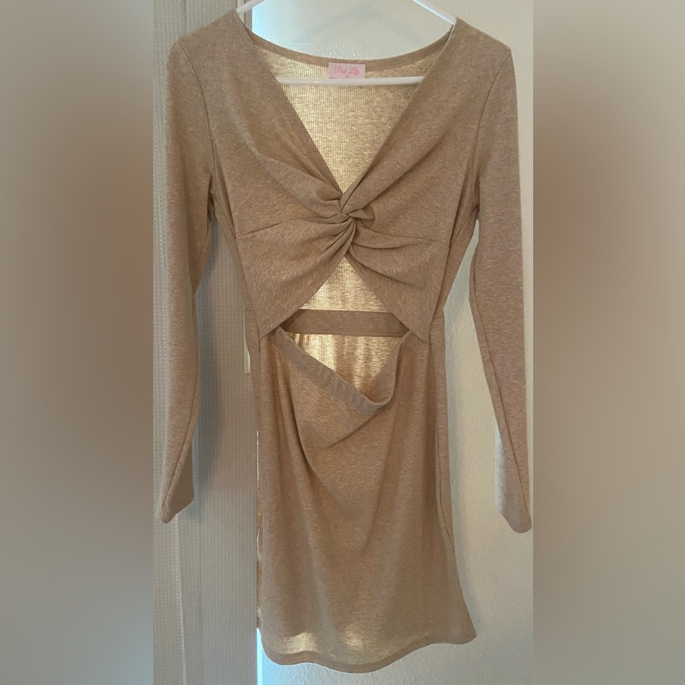 Pink Lily Beige ribbed long sleeve dress